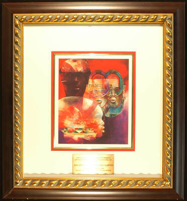 Plaque. 19"x17 1/2" Gold and brown frame holding a 9"x7 1/2" print depicting some African silhouettes and masks in triple mat and a 2"x4" engraved plate, under glass To Lionel Hampton from the African American Chamber of Commerce of Westchester and Rockland Counties, on the occasion of the 5th anniversary kick off reception. Oct. 12, 2000