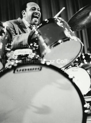 7 x 5 inch photograph. Lionel Hampton plays the drums at the Rheinhalle, in Dusseldorf, Germany