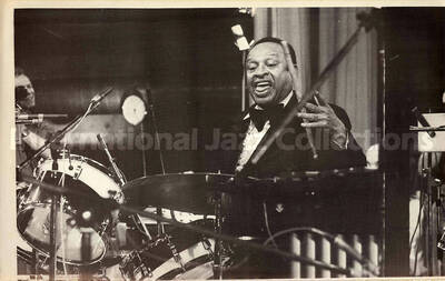 6 x 9 1/2 inch photograph. Lionel Hampton playing the drums