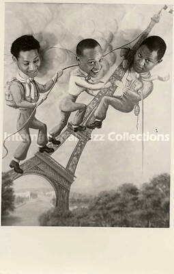 5 1/4 x 3 1/2 inch photograph in the format of postcard. Lionel Hampton, [Curley Hamner], and unidentified man in Paris, France