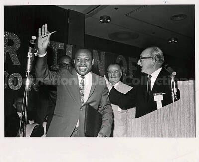 8 x 10 inch photograph. Lionel Hampton with Herman Kenin, at the American Federation of Musicians Convention, at the Stardust Hotel, in Las Vegas, NV