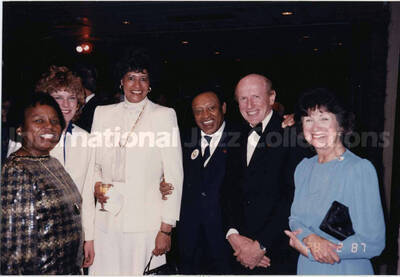 4 x 6 inch photograph. Lionel Hampton with UI President Richard Gibb, Chicago educator Lynn St. James, and other persons on the occasion of the dedication of the Lionel Hampton School of Music. University of Idaho, Moscow, ID