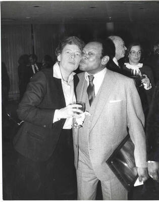 10 x 8 inch photograph. Lionel Hampton with Jeane Jordan Kirkpatrick, on the occasion of his receiving a plaque from the United States Mission that appointed him as Ambassador of Music to the United Nations