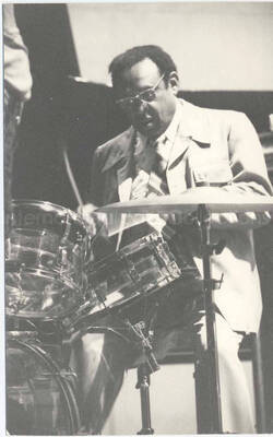 6 1/2 x 4 1/4 inch photograph. Lionel Hampton's band. Lionel Hampton on drums