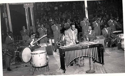 5 x 8 inch photograph. Lionel Hampton performing on vibraphone with band in Israel