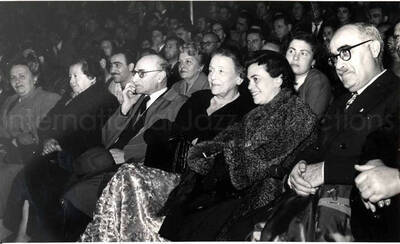 5 x 8 inch photograph. Lionel Hampton performing with band in Israel. Unidentified persons in the audience