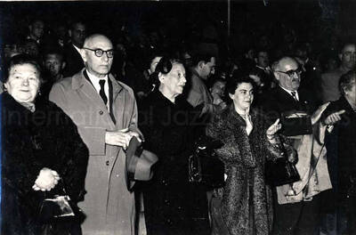 4 1/2 x 6 inch photograph. Lionel Hampton performing with band in Israel. Unidentified persons in the audience