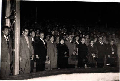 4 1/2 x 6 inch photograph. Lionel Hampton performing with band in Israel. Unidentified persons in the audience
