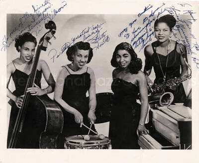 8 x 10 inch photograph. Unidentified women. This photograph is dedicated to Lionel Hampton from [Vi Wilson, Betty Smith, Sarah, and Sula Roberts?]
