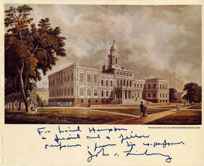 8 x 10 inch photograph. Copy of a photograph by Life photographer Dmitri Kessel of an old illustration. This photograph is dedicated to Lionel Hampton from his co-performer John [?]