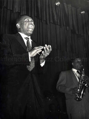 9 1/2 x 7 inch photograph. Lionel Hampton with unidentified saxophonist [Turin, Italy?]