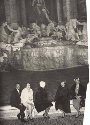 7 x 5 inch photograph. Gladys Hampton, Leo Moore, and unidentified persons at the Trevi Fountain in Rome, Italy