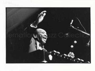 7 x 9 1/2 inch photograph. Lionel Hampton playing the vibraphone. [Paris, France?]