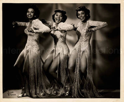 8 x 10 inch photograph. The Masetti Trio. Handwritten on the back of the photograph: Gladys, we're sending you our picture in case you can show this to some tavern owner or agent and maybe get us a job.  We would appreciate it very much.  The address to write is 680 E. 117th St. Apt 105, Myrtle Fortune, Los Angeles, Cal.  Say hello to Hamp for us.  Thanking you in advance. -Sincerely The Masetti Trio