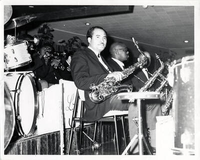 8 x 10 inch photograph. Unidentified musicians in Lionel Hampton's orchestra
