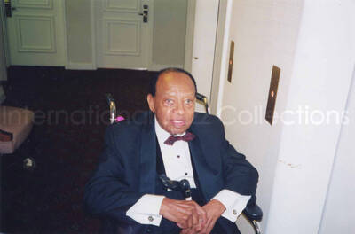 4 x 6 inch photograph. Lionel Hampton. Handwritten on the back of the photograph: Musician celebration; Lionel Hampton in route to the concert; River Front Nashville, TN