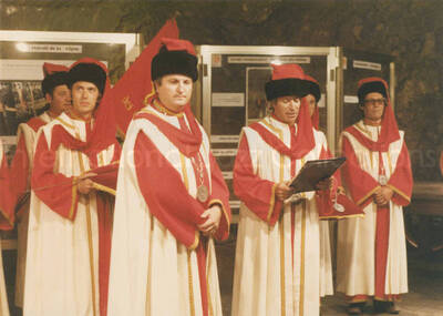 5 x 7 inch photograph. Group of unidentified men in ceremonial clothes. They are wearing medals of the Commanderie des Costes du Rhône