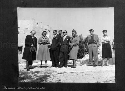 8 x 10 inch photograph. Lionel Hampton in Israel. This photograph is in a photo album titled: In the Holy City - Jerusalem. Caption under the photograph reads: The outpost Kibbutz of Ramat Rachel