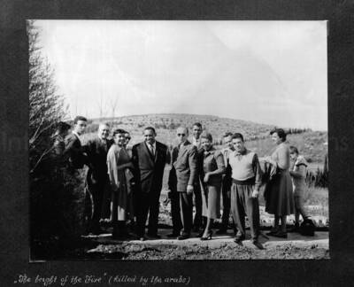 10 x 10 inch photograph. Lionel Hampton in Israel. This photograph is in a photo album titled: In the Holy City - Jerusalem. Caption under the photograph reads: The hezght of the Five (killed by the arabs)