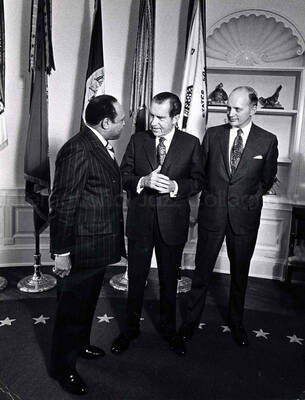 13 x 10 inch photograph. Lionel Hampton with President Richard Nixon and unidentified man in the White House, Washington D.C.