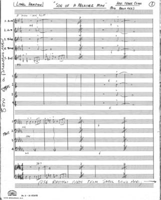 3 copies; 1 score (16 p.) + 13 parts; 1 score (10 p.) + 14 parts, Big Band arrangement; 1 score (10 p.) + 7 parts, Small Band arrangement