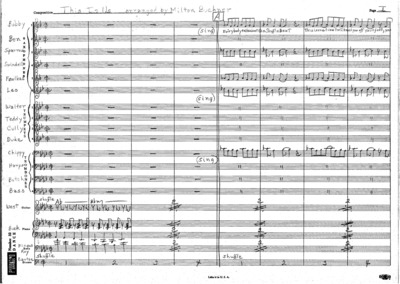 1 score (12 p.) + 18 parts, Note on the back: Charlie, Lyrics for all to sing is on first line.  Singing keys are all in respective playing keys.  Copy Hamp's part from piano top line.  Time 3 minutes flat.  Good rehearsing. -Buck