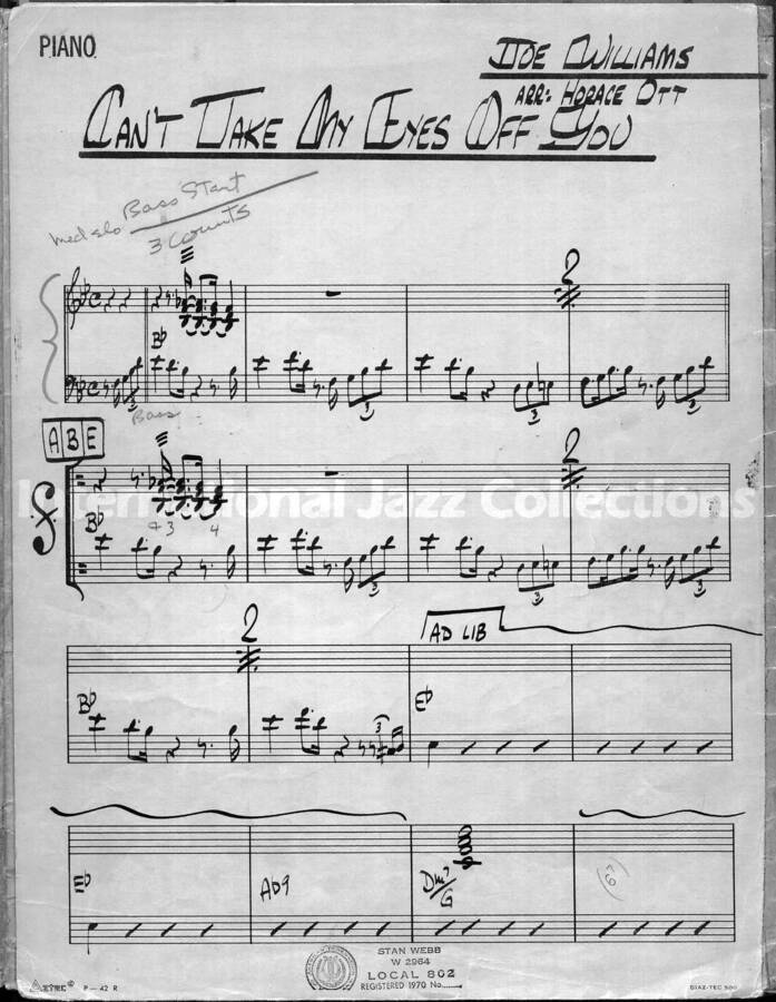 page of handwritten score for Can't Take My Eyes Off You