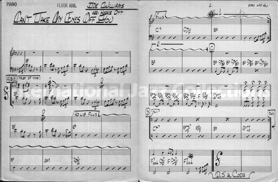 page of handwritten score for Can't Take My Eyes Off You