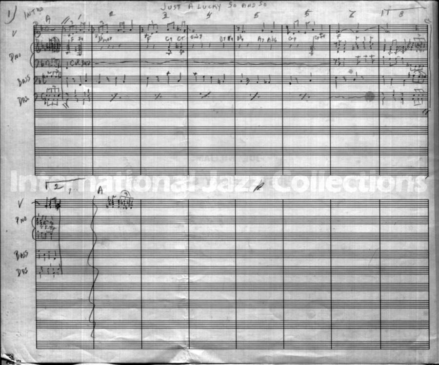 page of handwritten score for Just a Lucky So & So