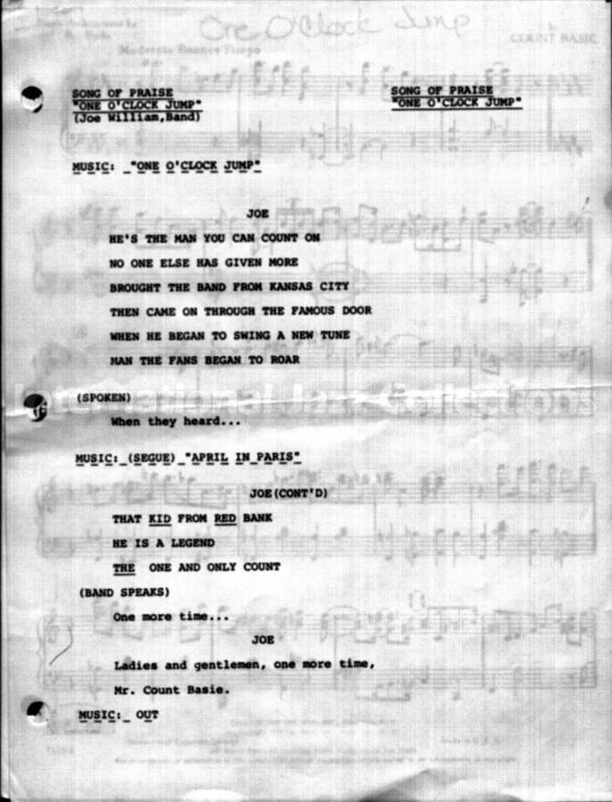 page of handwritten score for One O'Clock Jump