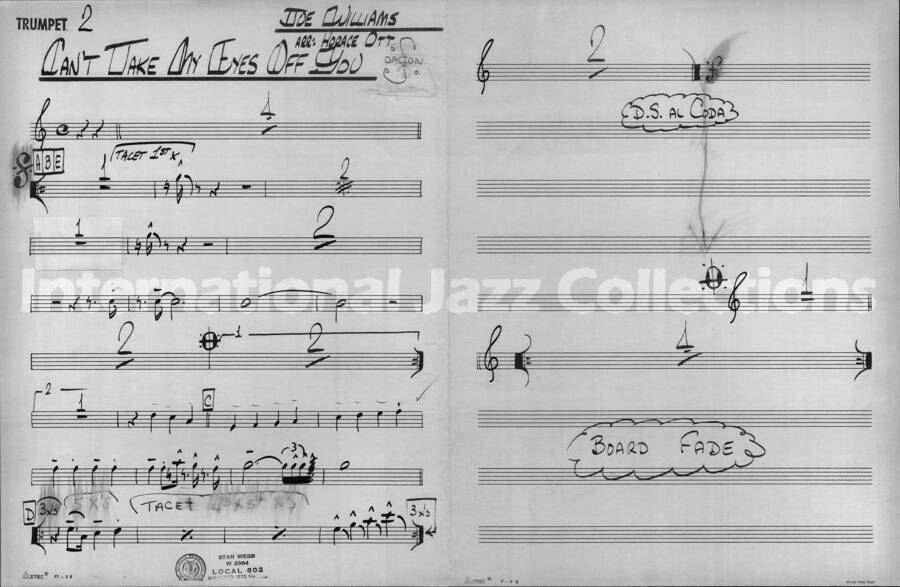 page of handwritten score for Can't Take my Eyes off You