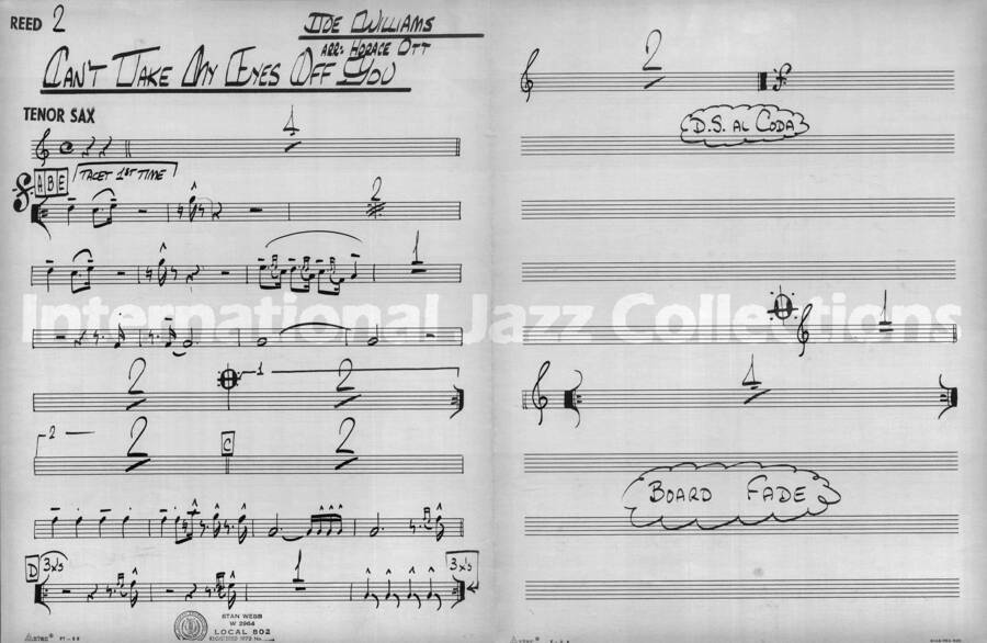 page of handwritten score for Can't Take my Eyes off You