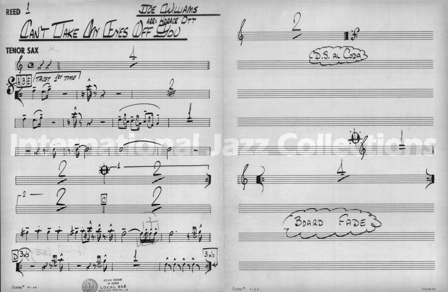 page of handwritten score for Can't Take my Eyes off You