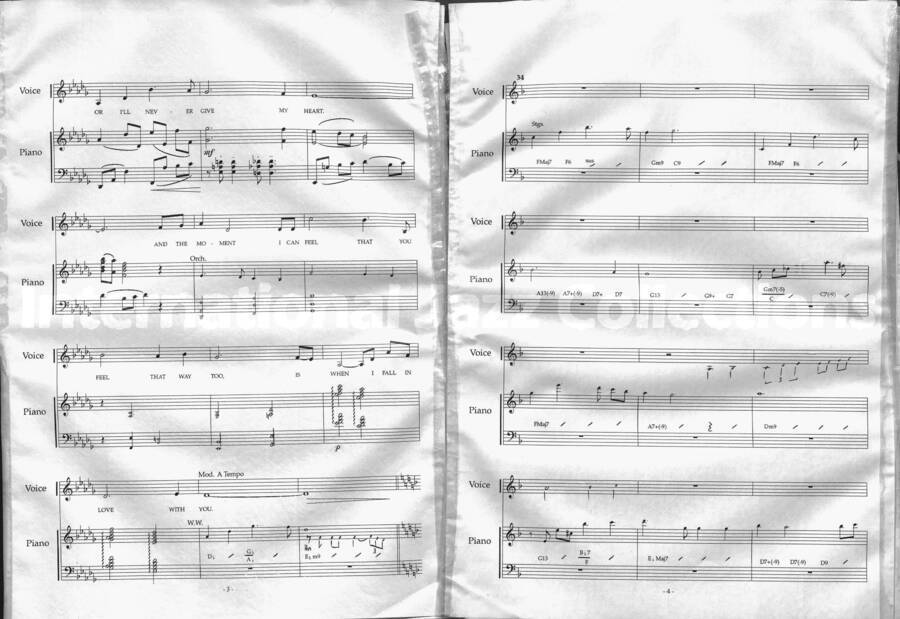 page of handwritten score for When I Fall in Love