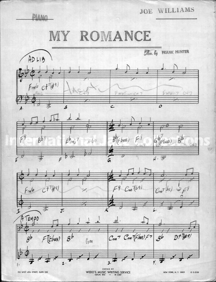 page of handwritten score for My Romance