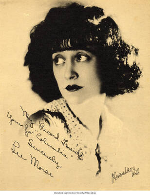 Black and white photograph of Lee Morse. Inscription: To My Record Friends Your for "Columbia" Sincerely, Lee Morse