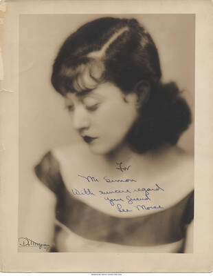 Black and white photograph of Lee Morse. Inscription: "For Mr. Simon With sincere regard  Your friend, Lee Morse.