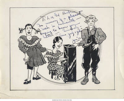 Drawing of three people, one sitting at a piano. Inscription: "To Lee and Bob.  In memory of a pleasant week in Louisville.  Hoping to know you better.  Sincerely, Anne, Judy + Zeke  Jan '32"