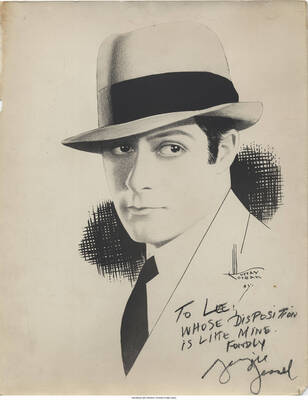 Black and white drawing of a man. Inscription: "To Lee, whose disposition is like mine.  Fondly Georgie Jessel"