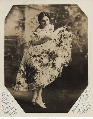 Black and white photograph of a woman in a floral print dress. Inscription: "To Lee + Bob. Love + []. Taken 33 years ago - []" 