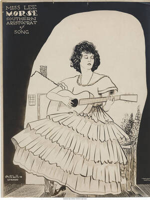 Black and white drawing of Lee Morse. Inscription: "Miss Lee Morse Southern Aristocrat of Song"