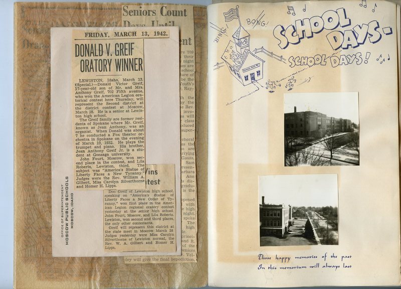 1942 student memories book page with photographs and newsclippings