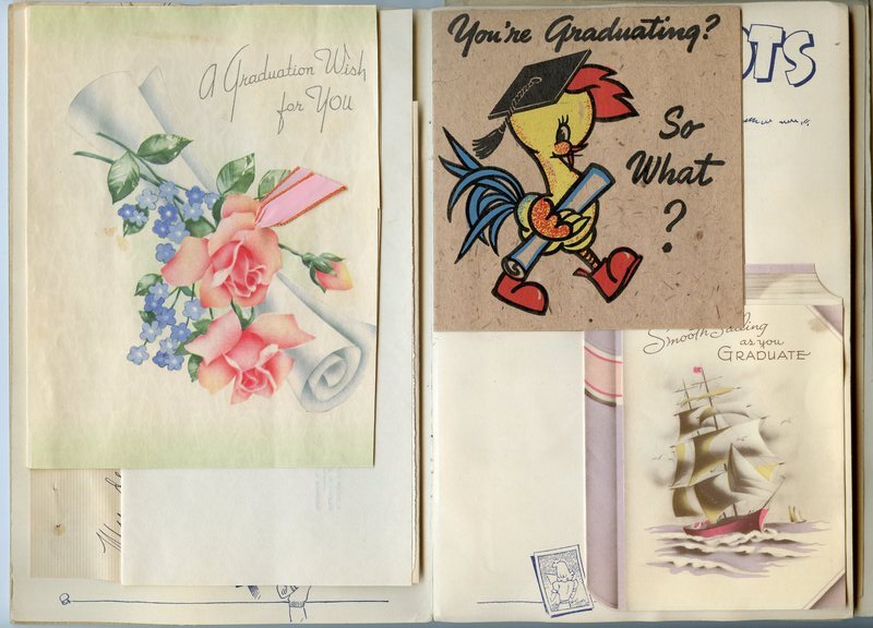 Graduation cards for John Fourt inside memories scrapbook