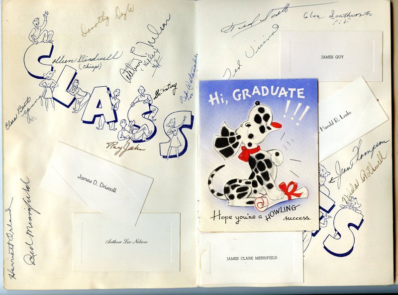 Graduation card and signatures of classmates in John Fourt's memories scrapbook