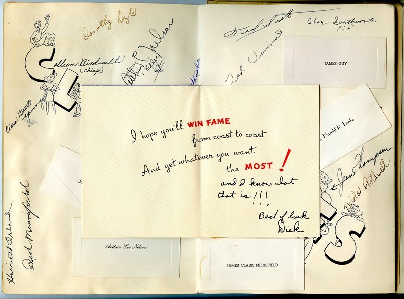 Open graduation card and signatures of classmates in John Fourt's school memories scrapbook