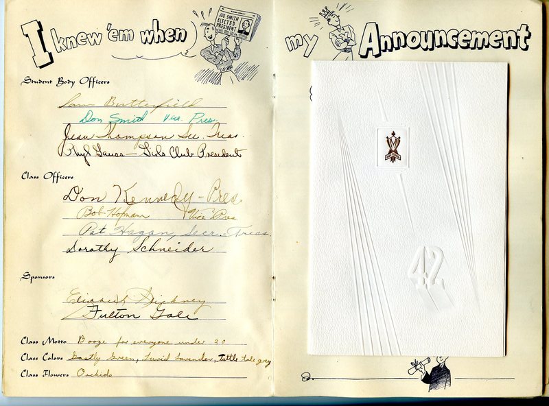 Graduation announcement for John Fourt and graduating class officers in memories scrapbook