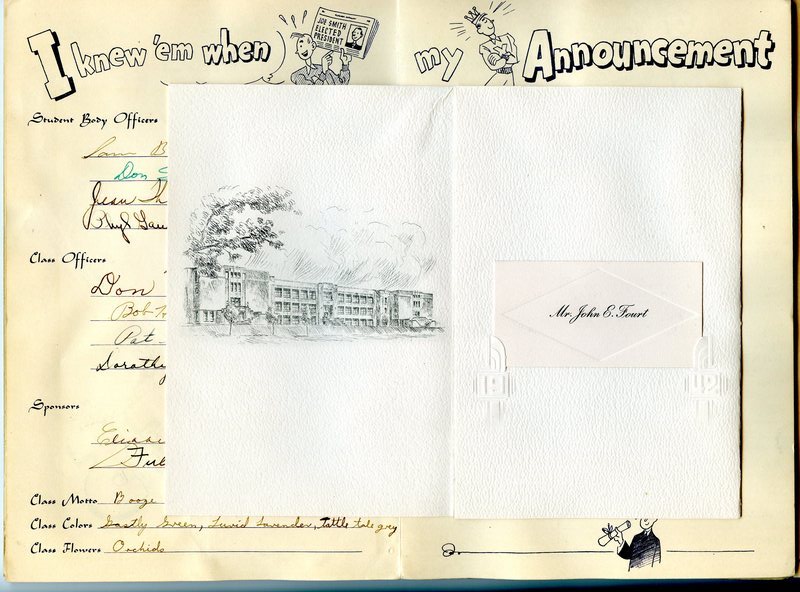 Graduation announcement for John Fourt in memories scrapbook
