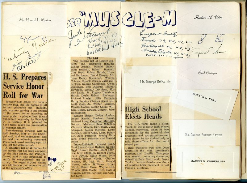 Newspaper clippings and graduation cards of classmates from John Fourt's memories scrapbook