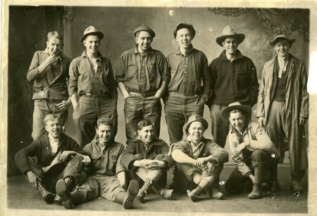 "Everyone came to school in old clothes, the funnier the better! Row 1: (standing) George Fallquist, Boyd Cornelison, Lynn Forest, Garret Witbeck, Wylmer "Bill" Bolles, Ronald Romig. Row 2: (sitting) Gerald Hodgins, Howard Staples, Harold Collins, Howard Hatfield, Freeman Stockwell"