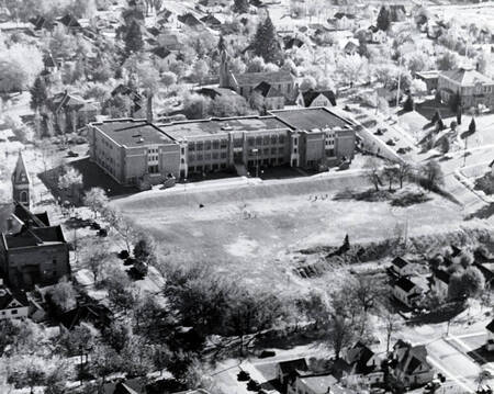 Aerial photograph of Moscow High School, art deco façade visible